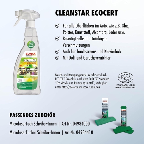 SONAX 750ml Cleanstar Ecocert Reiniger Innenraum Scheibe Polster KFZ Auto