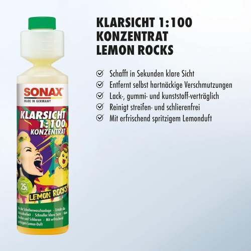 SONAX 250ml KLARSICHT 1:100 KONZENTRAT LEMON ROCKS SCHEIBENREINIGER WISCHWASSER