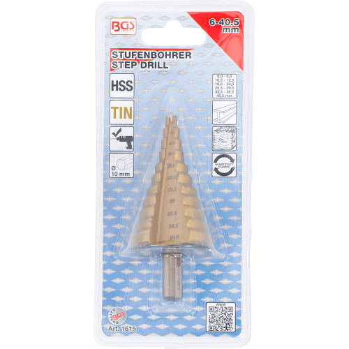BGS Stufenbohrer titannitriert 6-40,5mm Stufen Sch&auml;l Set Blechsch&auml;lbohrer 1615