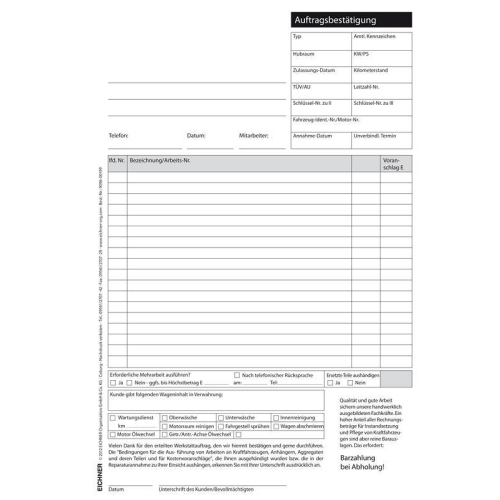 25 Werkstatt-Arbeitskarten, selbstdurchschreibend, Auftragsbest&auml;tigung Kunden