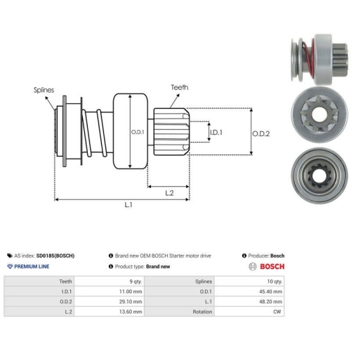 AS-PL Freilaufgetriebe, Starter Bosch SD0185(BOSCH)