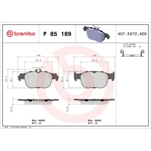 BREMBO Bremsbelagsatz, Scheibenbremse PRIME LINE P 85 189