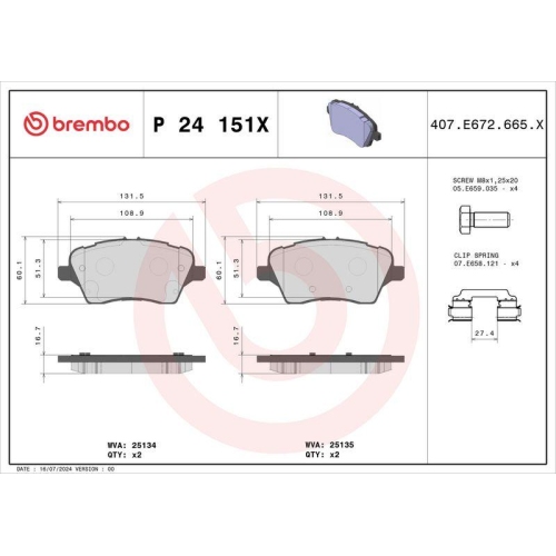 BREMBO Bremsbelagsatz, Scheibenbremse XTRA LINE P 24 151X