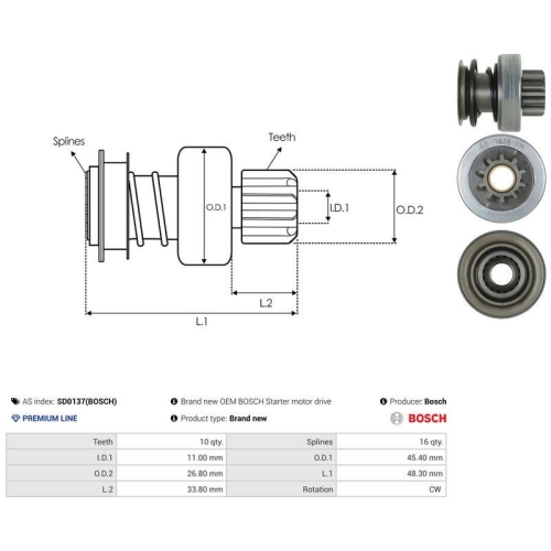 AS-PL Freilaufgetriebe, Starter Bosch SD0137(BOSCH)