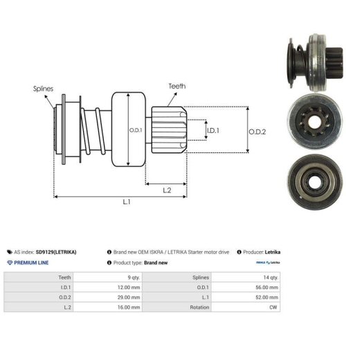 AS-PL Freilaufgetriebe, Starter Letrika SD9129(LETRIKA)