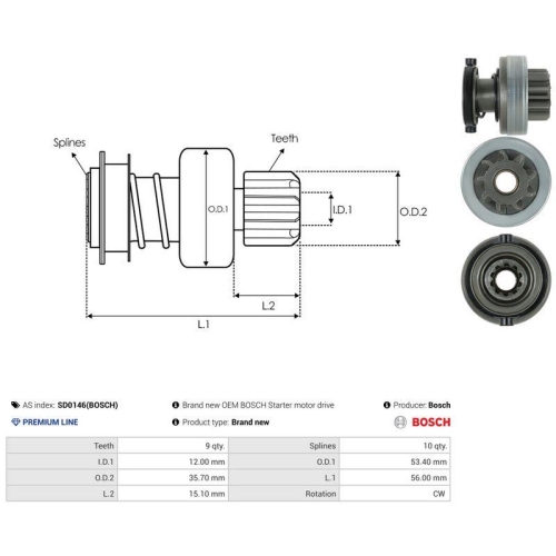 AS-PL Freilaufgetriebe, Starter Bosch SD0146(BOSCH)