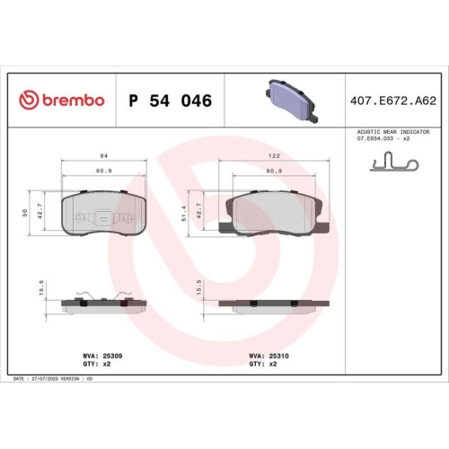 BREMBO Bremsbelagsatz, Scheibenbremse PRIME LINE P 54 046