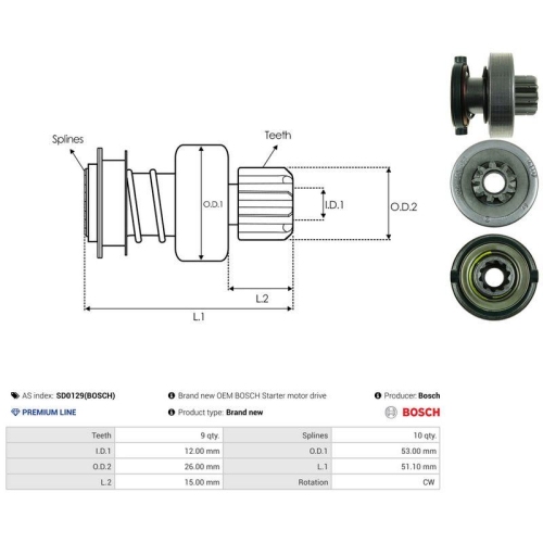 AS-PL Freilaufgetriebe, Starter Bosch SD0129(BOSCH)