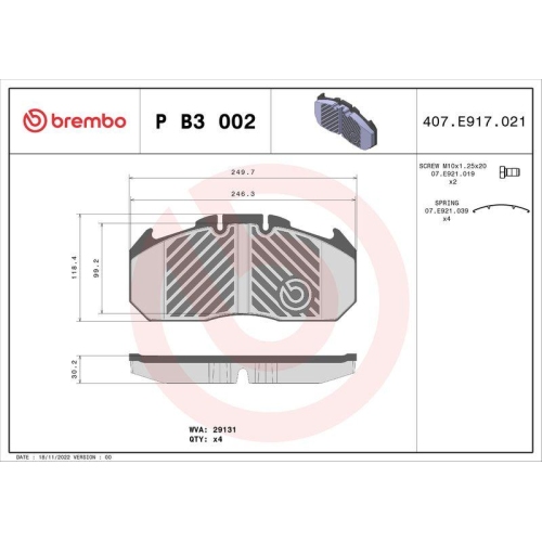 BREMBO Bremsbelagsatz, Scheibenbremse PRIME LINE P B3 002