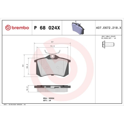 BREMBO Bremsbelagsatz, Scheibenbremse XTRA LINE P 68 024X