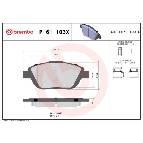 BREMBO Bremsbelagsatz, Scheibenbremse XTRA LINE P 61 103X