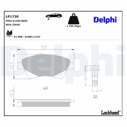 DELPHI Bremsbelagsatz, Scheibenbremse LP1730