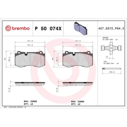 BREMBO Bremsbelagsatz, Scheibenbremse XTRA LINE P 50 074X