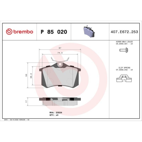 BREMBO Bremsbelagsatz, Scheibenbremse PRIME LINE P 85 020