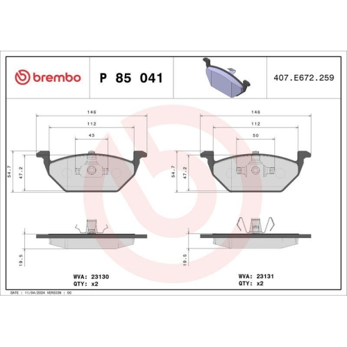 BREMBO Bremsbelagsatz, Scheibenbremse PRIME LINE P 85 041