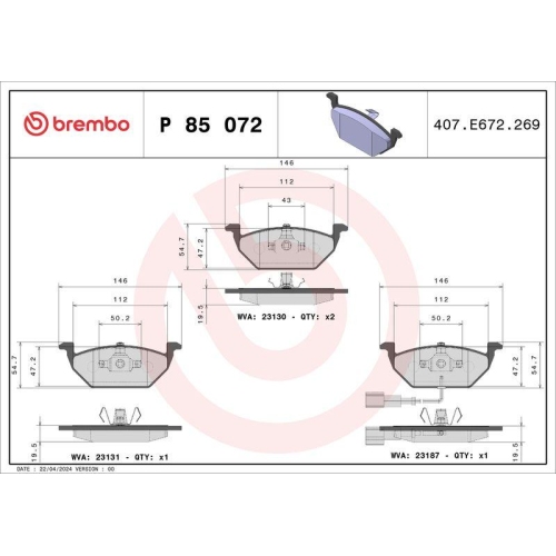 BREMBO Bremsbelagsatz, Scheibenbremse PRIME LINE P 85 072