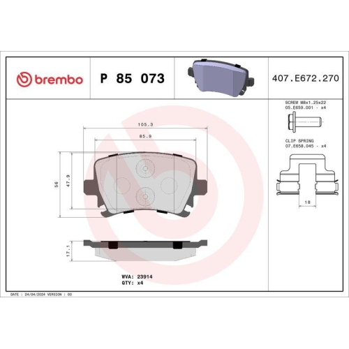BREMBO Bremsbelagsatz, Scheibenbremse PRIME LINE P 85 073