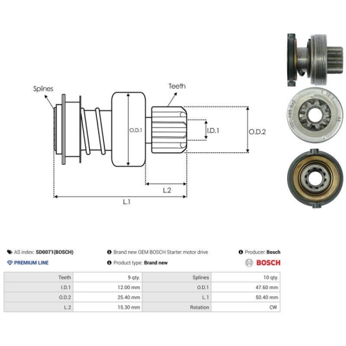 AS-PL Freilaufgetriebe, Starter Bosch SD0071(BOSCH)