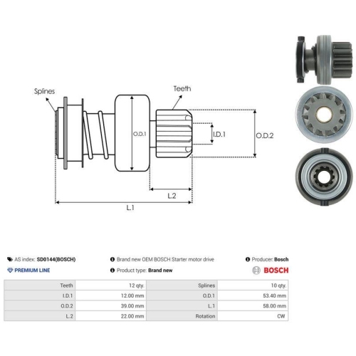 AS-PL Freilaufgetriebe, Starter Bosch SD0144(BOSCH)