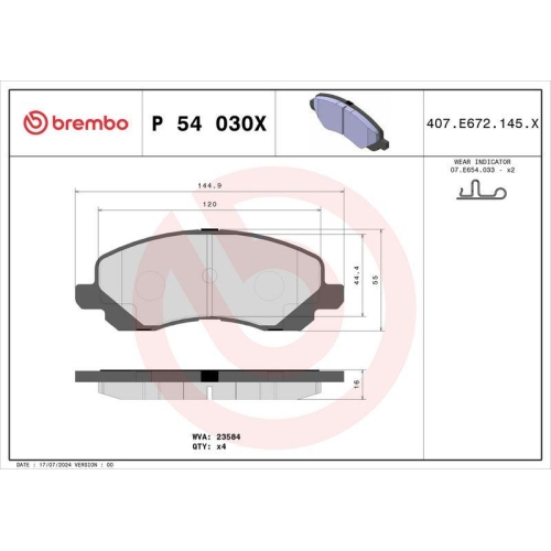 BREMBO Bremsbelagsatz, Scheibenbremse XTRA LINE P 54 030X