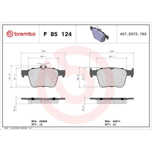 BREMBO Bremsbelagsatz, Scheibenbremse PRIME LINE P 85 124