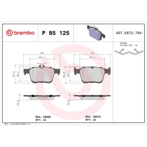 BREMBO Bremsbelagsatz, Scheibenbremse PRIME LINE P 85 125