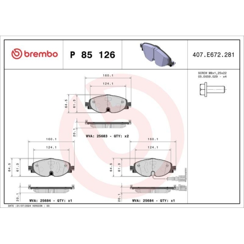 BREMBO Bremsbelagsatz, Scheibenbremse PRIME LINE P 85 126