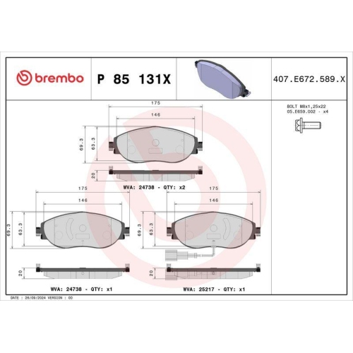 BREMBO Bremsbelagsatz, Scheibenbremse XTRA LINE P 85 131X