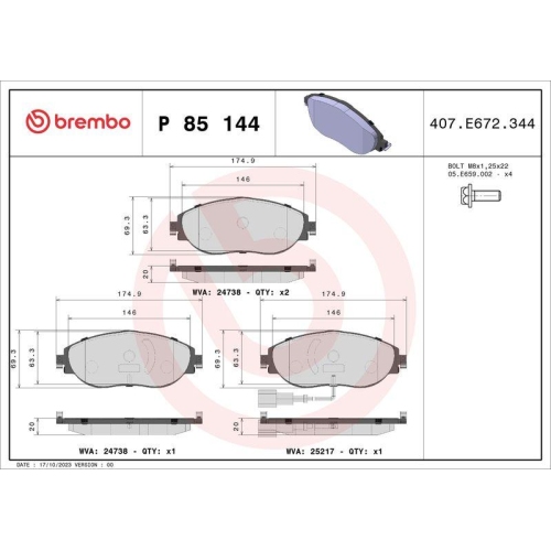 BREMBO Bremsbelagsatz, Scheibenbremse PRIME LINE P 85 144