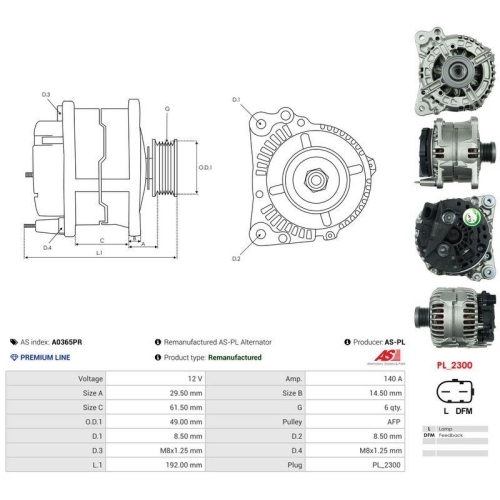 AS-PL Generator Wiederaufbereitet AS A0365PR