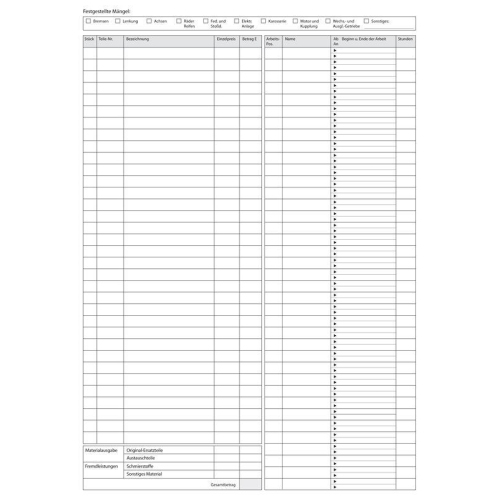 25 Werkstatt-Arbeitskarten, selbstdurchschreibend, Auftragsbest&auml;tigung Kunden