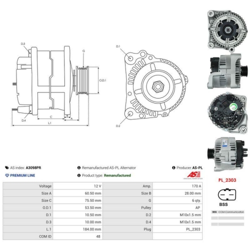 AS-PL Generator Wiederaufbereitet AS A3098PR