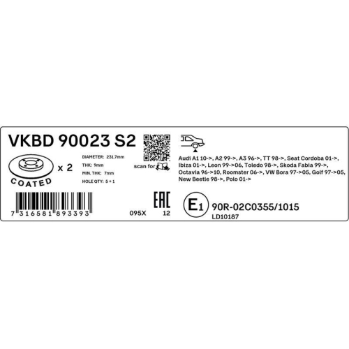 Bremsscheibe SKF VKBD 90023 S2 passend f&uuml;r AUDI SEAT SKODA VW