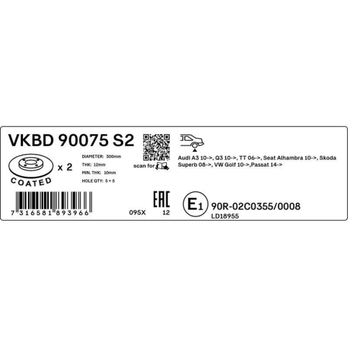 Bremsscheibe SKF VKBD 90075 S2 passend f&uuml;r AUDI SEAT SKODA VW
