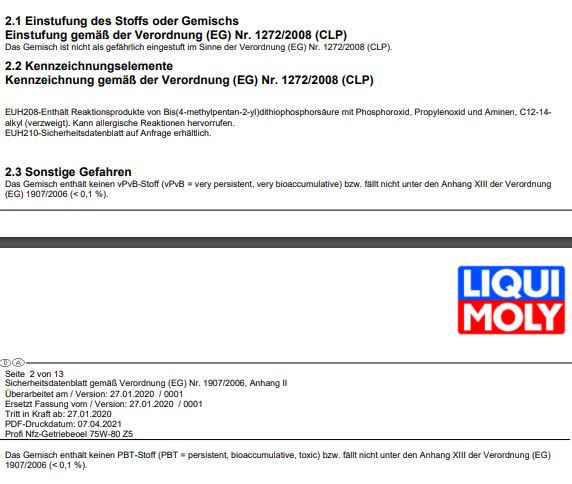 20L LIQUI MOLY PROFI NFZ GETRIEBEÖL 75W-80 Z5 GL-4 TRUCK LKW SCHALTGETRIEBE ÖL
