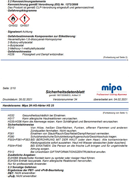 Mipa 2K-HS-H&auml;rter HS 25 Klarlacke/HS Acrylf&uuml;ller/2K Autolack 250ml 237020000