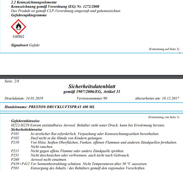 Presto Druckluftspray 400 ml Druckluft Spray Reinigungsspray 258312