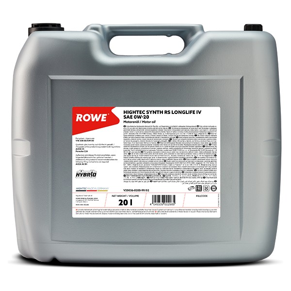 Motor&ouml;l Rowe Hightec Synth RS Longlife IV 0W-20 ACEA A1/B1 VW 508.00 509.00 20L