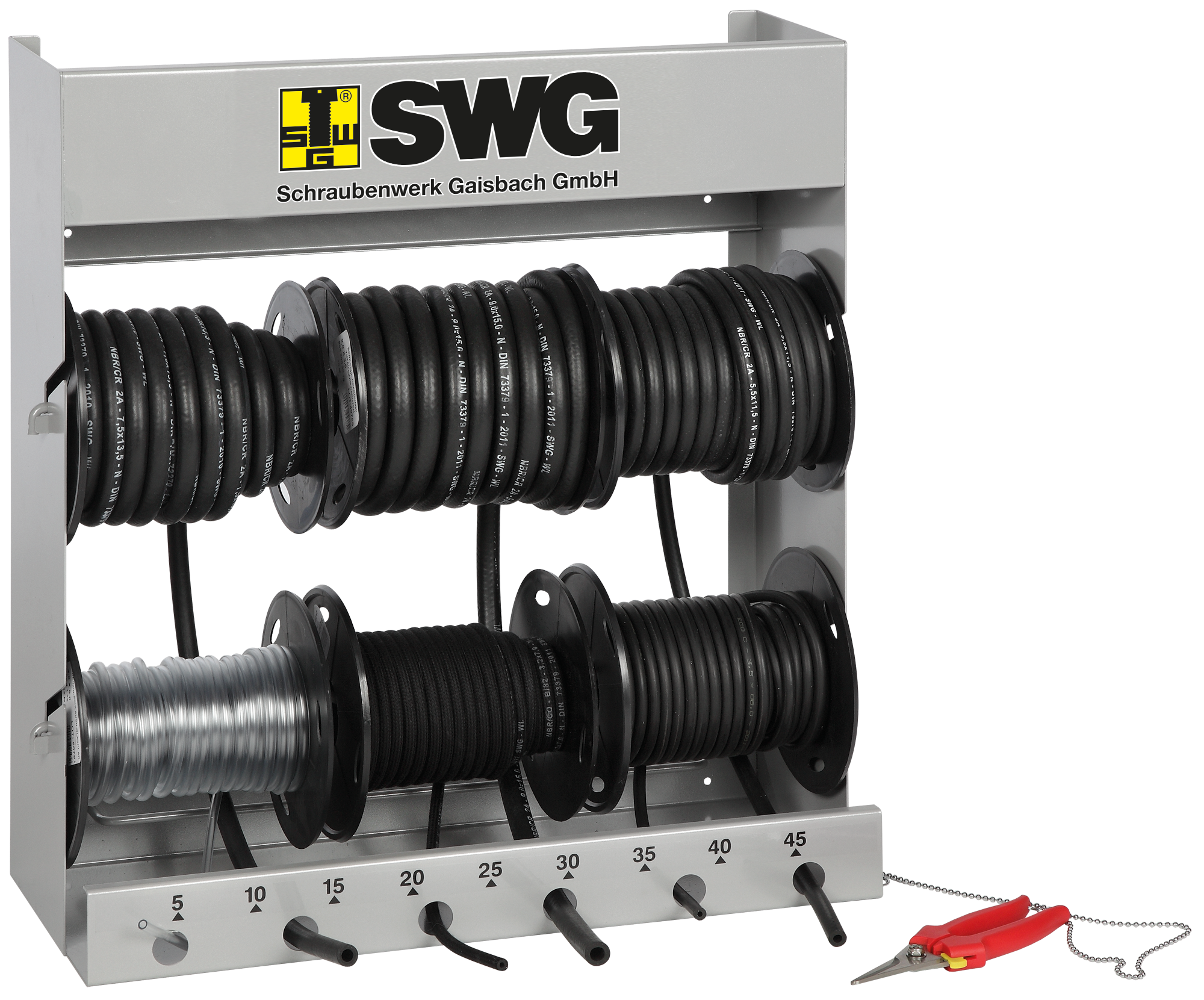 Kraftstoffschlauch-Abrollgerät, 6-fach bestückt, Farbe weißaluminium 1 Sortiment