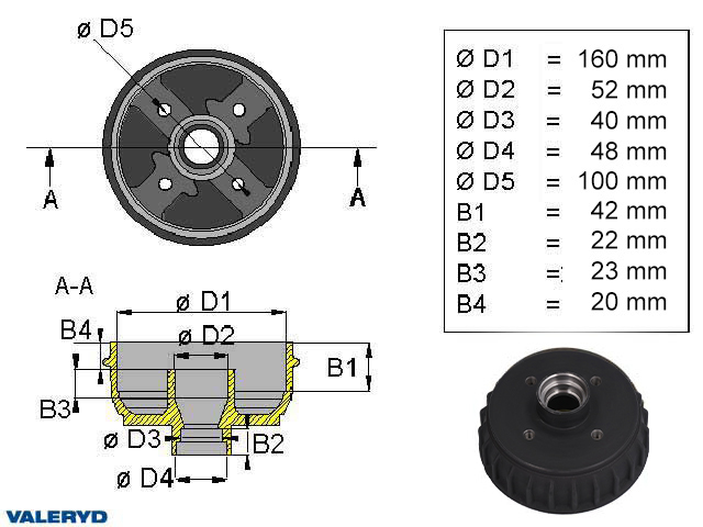 Valeryd, Bremstrommel 160*35 f&uuml;r Zoll-Radlager, 4x100 passend f&uuml;r AL-KO,