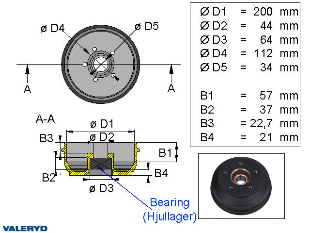 Valeryd, Bremstrommel 200*50 mit Kompaktlager / 5x112 / für BPW S2005-5