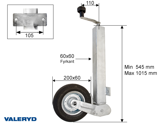 Valeryd, Stützrad 60mm vierkant - Aut.klappbar 200x60mm, Stützlast 200kg