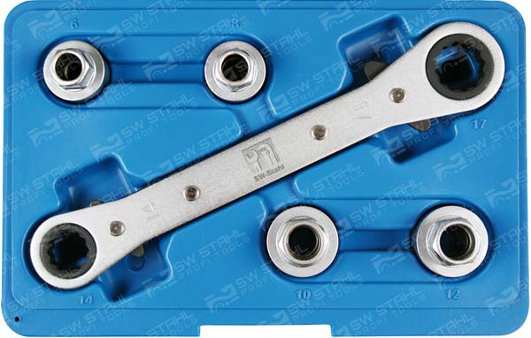 Stehbolzen-Ausdrehsatz, 5-teilig Doppelring-Ratschenschl&uuml;ssel 14 x 17 6 8 10 12
