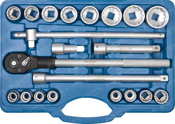 Steckschl&uuml;sselsatz 3/4 Zoll, Zw&ouml;lfkant, 21-teilig Umschaltknarre 500 mm SW-Stahl