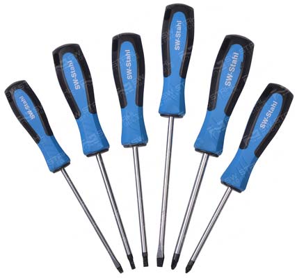 Schraubendrehersatz, Schlitz+Kreuz+T-Profil 6-teilig - Mit 2K-Heft, blau/schwarz